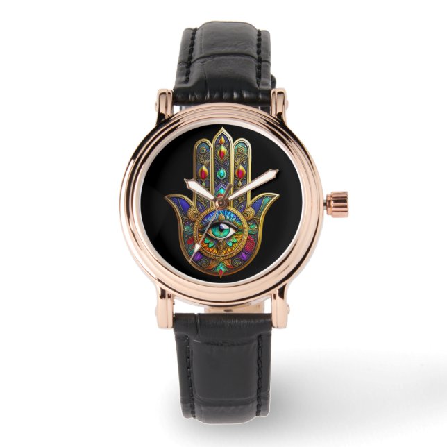 Peacock Color Flower Petals Hamsa Green Third Eye Watch (Front)