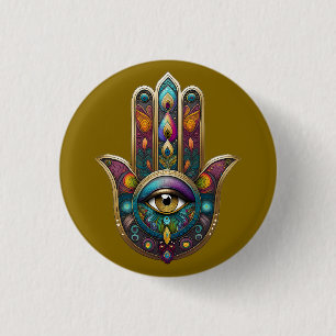 Peacock Colors Hamsa w/ Gold Third Eye 3 Cm Round Badge