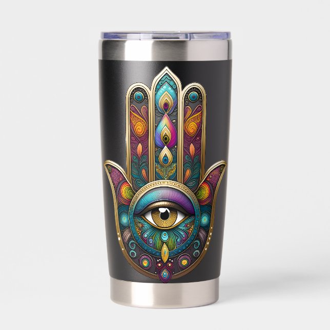 Peacock Colors Hamsa w/ Gold Third Eye Insulated Tumbler (Front)
