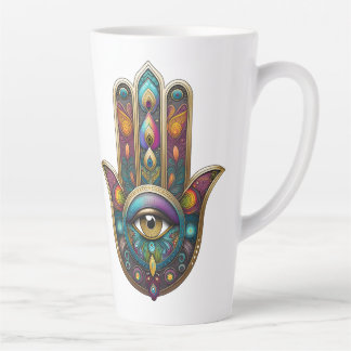 Peacock Colors Hamsa w/ Gold Third Eye Latte Mug