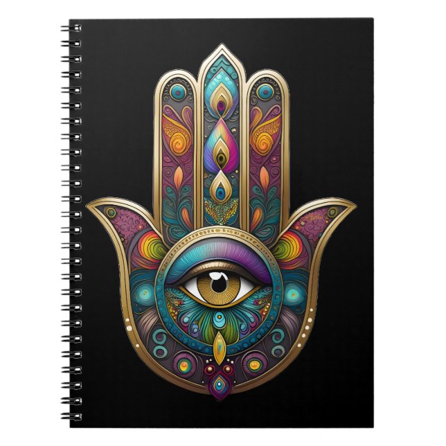Peacock Colors Hamsa w/ Gold Third Eye Notebook (Front)