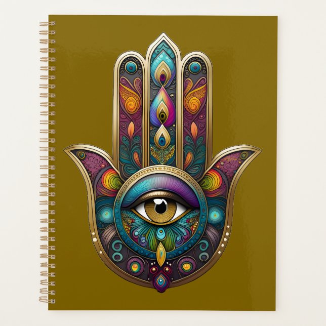 Peacock Colors Hamsa w/ Gold Third Eye Planner (Front)
