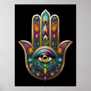 Peacock Colors Hamsa w/ Gold Third Eye Poster