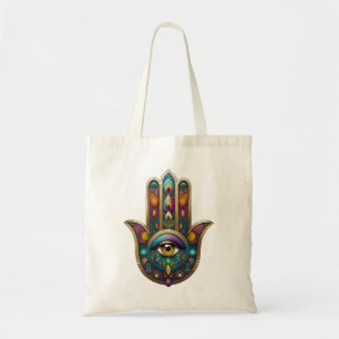 Peacock Colors Hamsa w/ Gold Third Eye Tote Bag