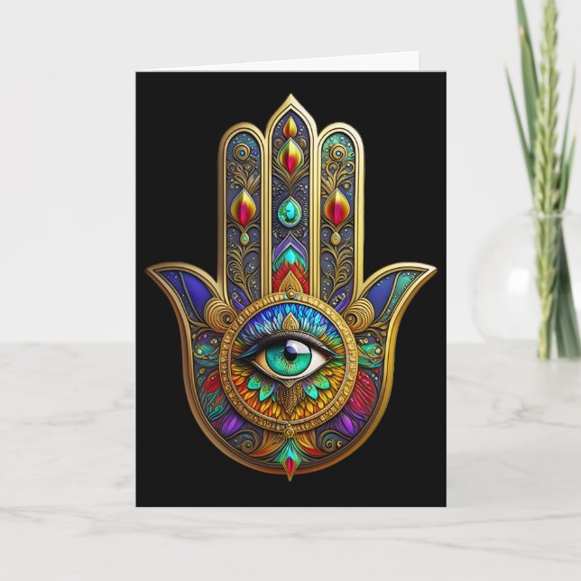 Peacock Colour Flower Petals Hamsa Green Third Eye Card (Front)