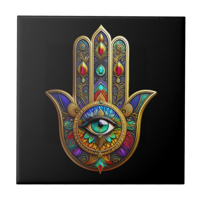 Peacock Colour Flower Petals Hamsa Green Third Eye Ceramic Tile (Front)