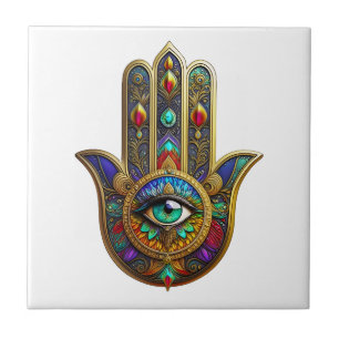 Peacock Colour Flower Petals Hamsa Green Third Eye Ceramic Tile
