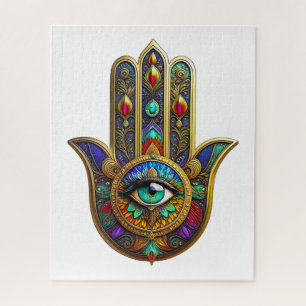 Peacock Colour Flower Petals Hamsa Green Third Eye Jigsaw Puzzle