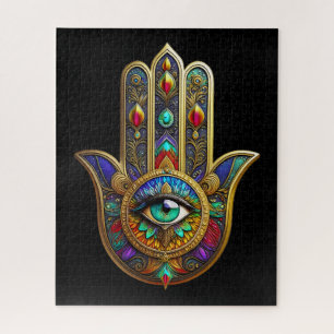 Peacock Colour Flower Petals Hamsa Green Third Eye Jigsaw Puzzle