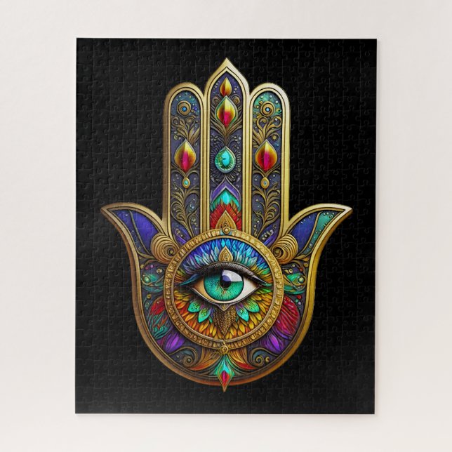 Peacock Colour Flower Petals Hamsa Green Third Eye Jigsaw Puzzle (Vertical)