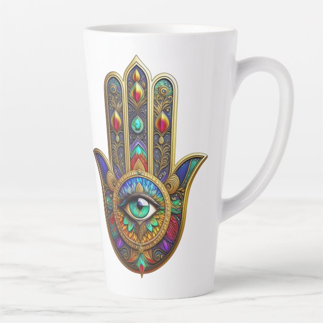 Peacock Colour Flower Petals Hamsa Green Third Eye Latte Mug (Right)