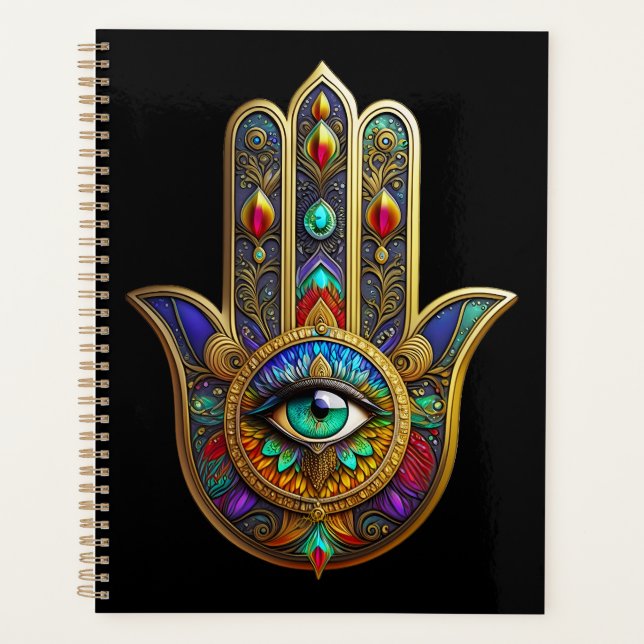 Peacock Colour Flower Petals Hamsa Green Third Eye Planner (Front)