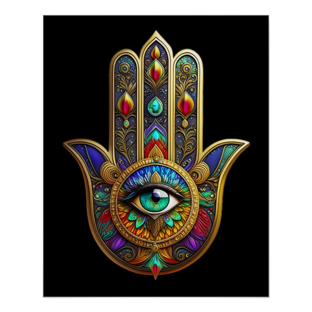Peacock Colour Flower Petals Hamsa Green Third Eye Poster (Front)
