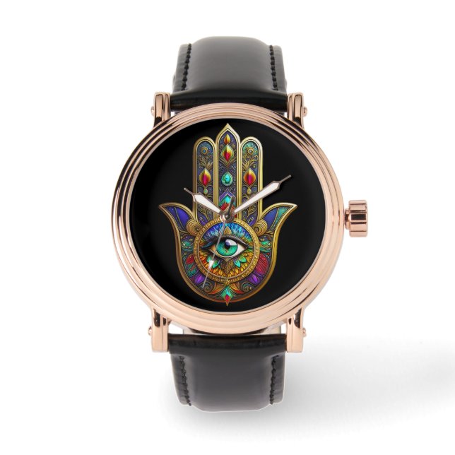 Peacock Colour Flower Petals Hamsa Green Third Eye Watch (Front)