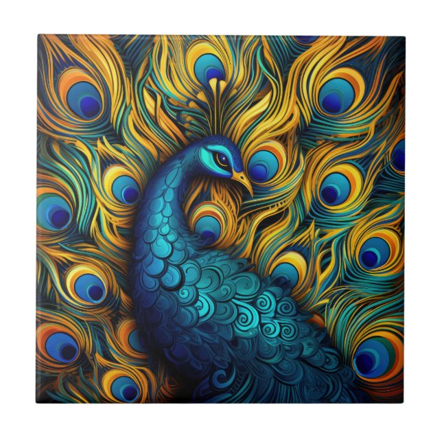 Peacock Colourful Blue and Orange Illustration Ceramic Tile (Front)