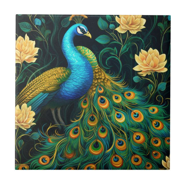Peacock Colourful Blue Illustration Ceramic Tile (Front)