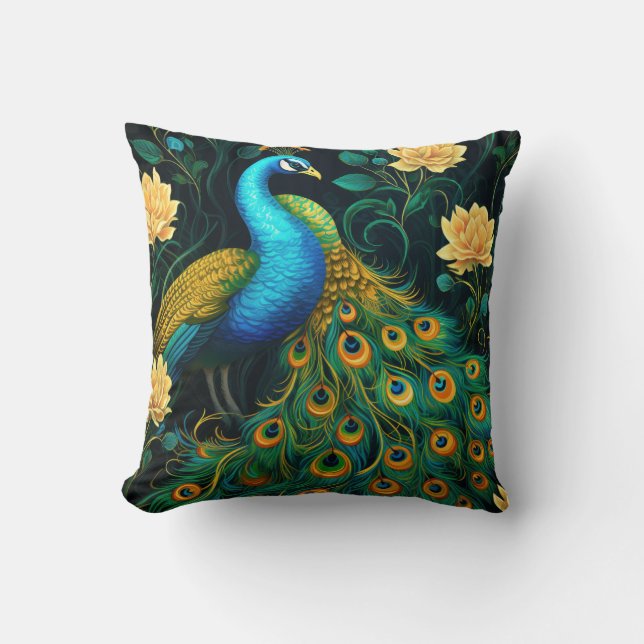Peacock Colourful Blue Illustration Cushion (Front)