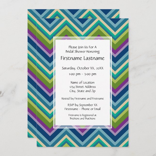 Peacock Colours Chevron Pattern Bridal Shower Invitation (Front/Back)