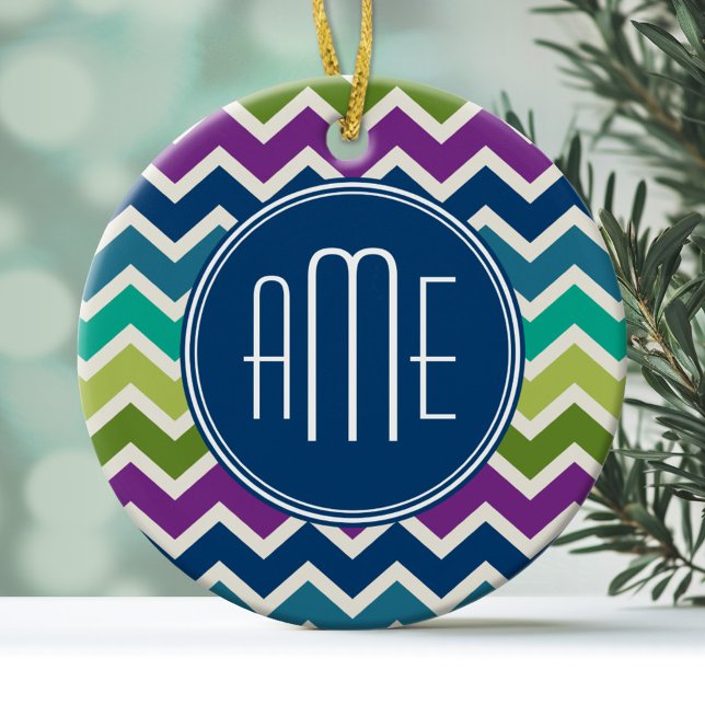 Peacock Colours Chevron Pattern Custom Monograms Ceramic Ornament (Personalized Ornament)