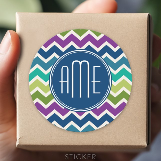 Peacock Colours Chevron Pattern Custom Monograms Classic Round Sticker (Custom Sticker for Party Favors and Envelopes)