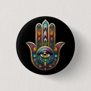 Peacock Colours Hamsa w/ Gold Third Eye 3 Cm Round Badge
