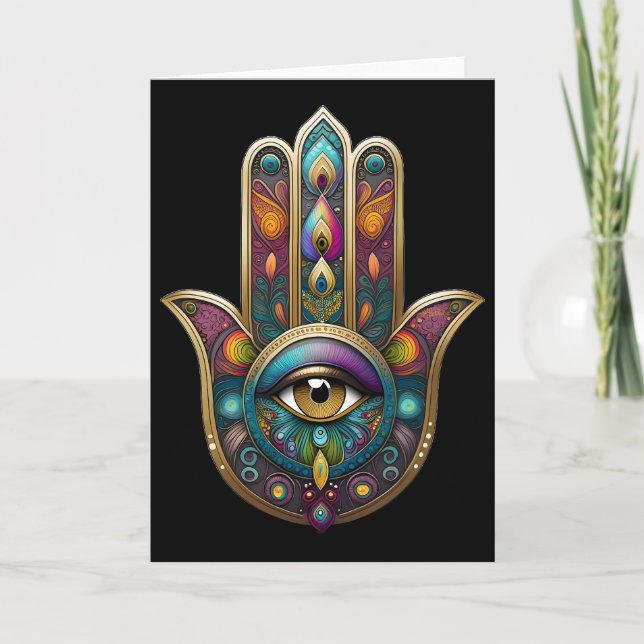 Peacock Colours Hamsa w/ Gold Third Eye Card (Front)