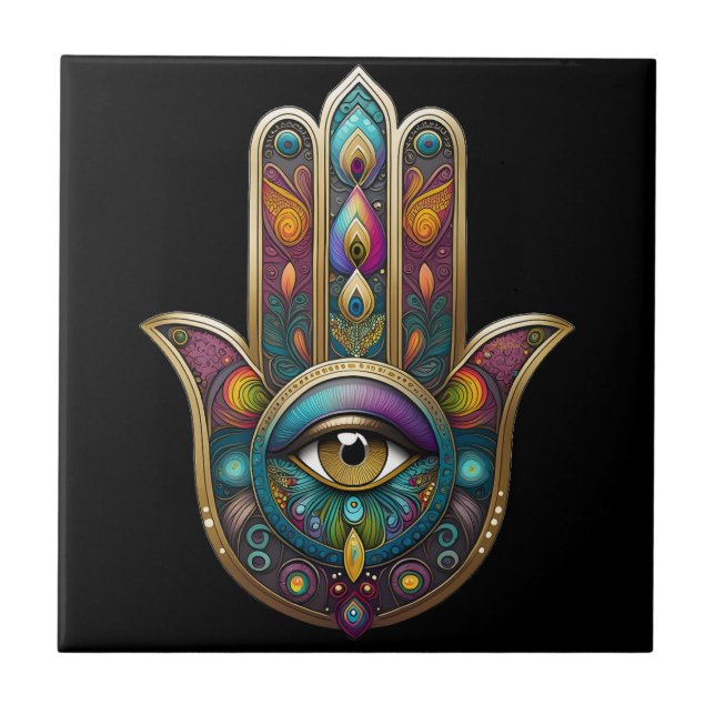 Peacock Colours Hamsa w/ Gold Third Eye Ceramic Tile (Front)