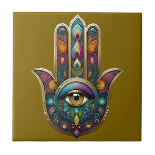 Peacock Colours Hamsa w/ Gold Third Eye Ceramic Tile