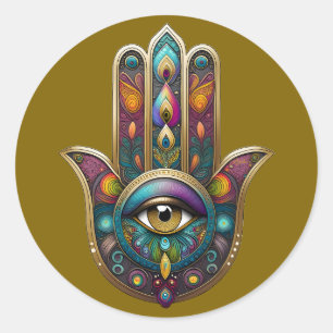 Peacock Colours Hamsa w/ Gold Third Eye Classic Round Sticker