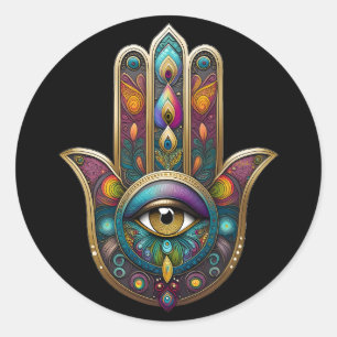 Peacock Colours Hamsa w/ Gold Third Eye Classic Round Sticker