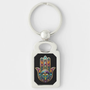 Peacock Colours Hamsa w/ Gold Third Eye Key Ring