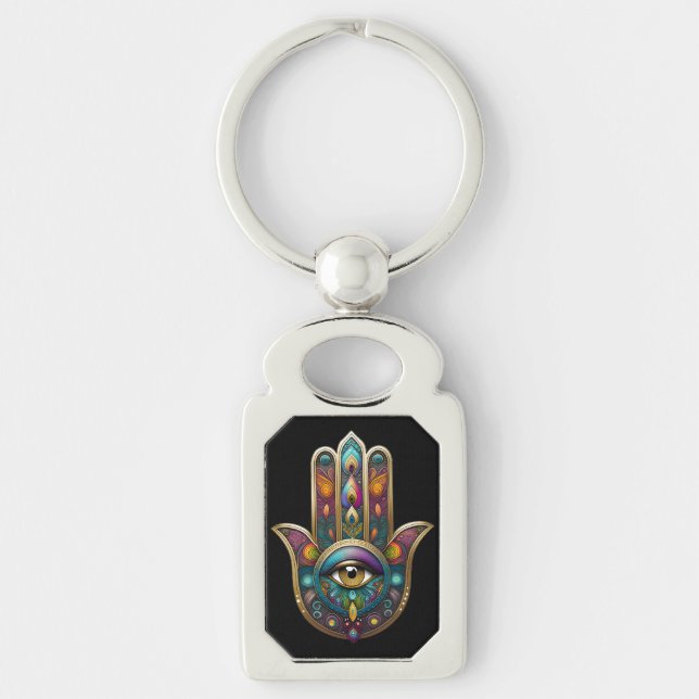 Peacock Colours Hamsa w/ Gold Third Eye Key Ring (Front)