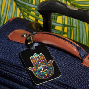Peacock Colours Hamsa w/ Gold Third Eye Luggage Tag