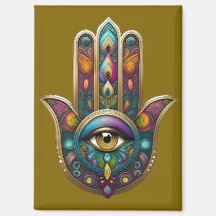 Peacock Colours Hamsa w/ Gold Third Eye Magnet