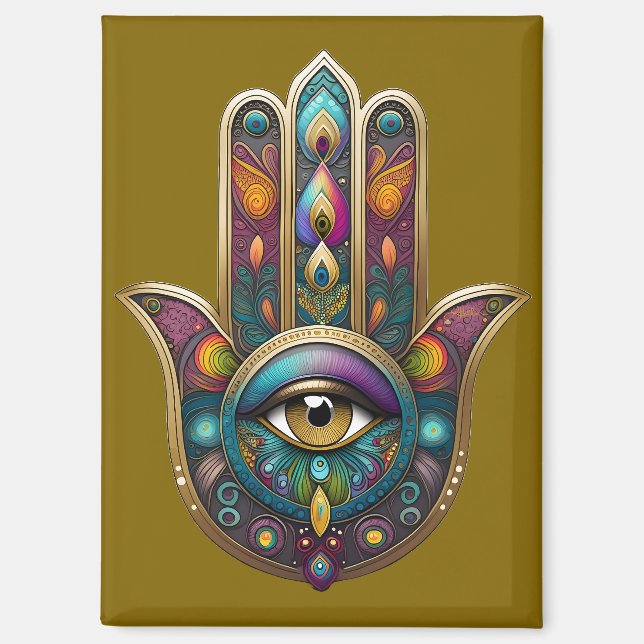 Peacock Colours Hamsa w/ Gold Third Eye Magnet (Front)