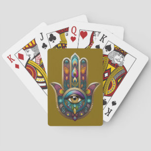 Peacock Colours Hamsa w/ Gold Third Eye Playing Cards