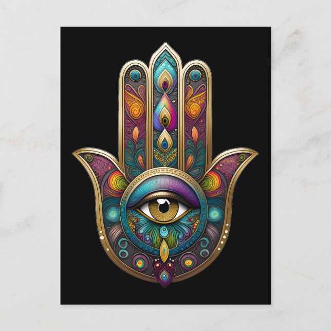 Peacock Colours Hamsa w/ Gold Third Eye Postcard (Front)