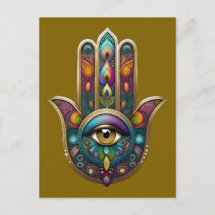 Peacock Colours Hamsa w/ Gold Third Eye Postcard