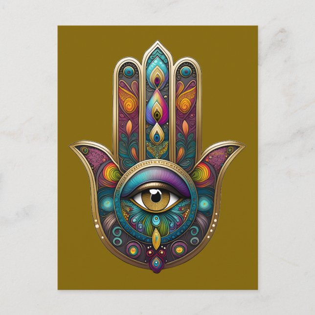Peacock Colours Hamsa w/ Gold Third Eye Postcard (Front)