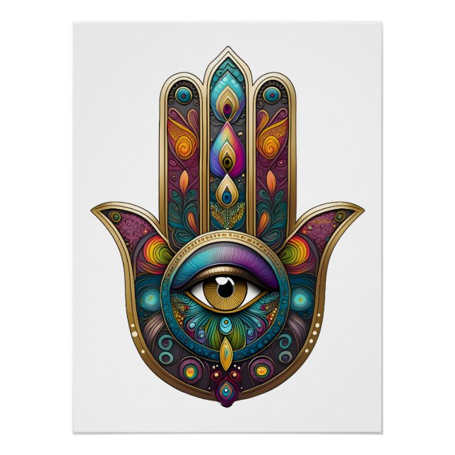 Peacock Colours Hamsa w/ Gold Third Eye Poster (Front)