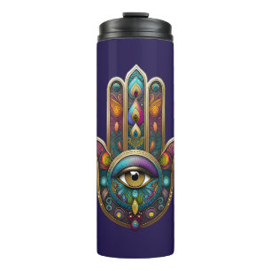 Peacock Colours Hamsa w/ Gold Third Eye Thermal Tumbler