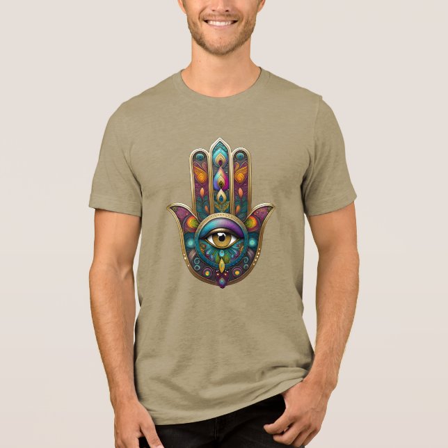 Peacock Colours Hamsa w/ Gold Third Eye Tri-Blend Shirt (Front)