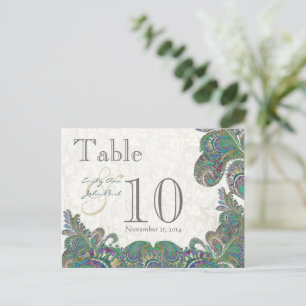 Peacock Colours Paisley Wedding Table Number Postcard
