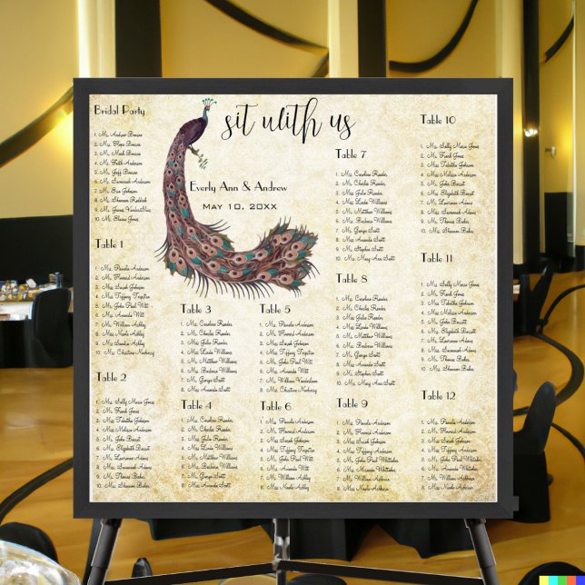 Peacock Damask Wedding Seating Chart 12 Tables (Creator Uploaded)
