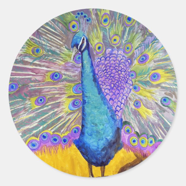 Peacock Dance Purple and Blue Classic Round Sticker (Front)