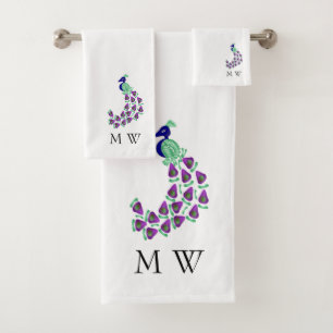 Peacock Design Monogrammed Bath Towel Set