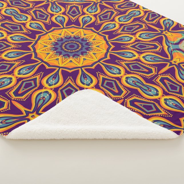 Peacock Design Purple Teal Orange Mandala Sherpa Blanket (3/4)