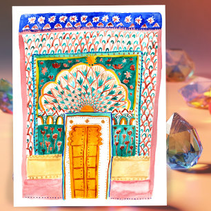 Peacock Door Watercolor Jaipur City Palace Pink Postcard