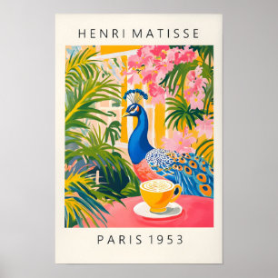 Peacock Drinking Coffee Poster, Pink Kitchen Decor