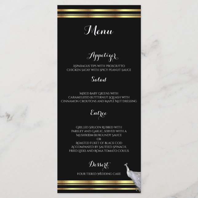 Peacock Elegance in Black Gold and White Menu (Front)